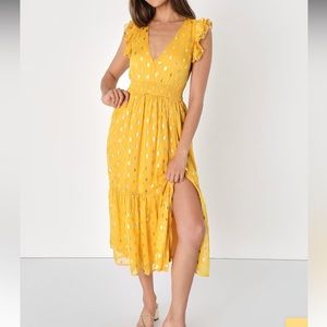 Lulus Cause to Celebrate Yellow and Gold Dot Ruffled Tiered Midi Dress Size XS